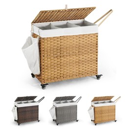 CAPHAUS Laundry Basket w/Wheels, Synthetic Rattan Laundry Hamper w/Lid, Removable Liner Bags, Mesh Bags, Pulling Strap, Clothes Hamper for Laundry, Basket w/Lid for Storage, 160L, Natural