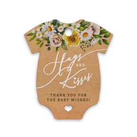 Summer-Ray 50pcs Baby Onesie Hugs & Kisses Thank You for The Baby Wishes Floral Themed Baby Shower Favor Tags (Kraft Brown)