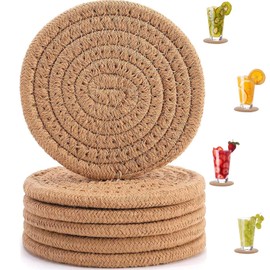 Coasters for Drinks, Pack of 6 Handmade Coasters, Glasses with Holder, Round Coasters Made of Cotton, Washable, Wear-resistant Cup Mats, Table Decoration (Brown)