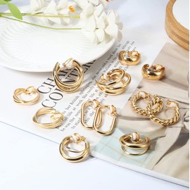 Kakonia Clip On Earrings for Women 6Pairs Gold Clip On Hoop Earrings For Egirls Chunky Hoops Twist Triple Square Hoop Earrings No Piercing Fake Earrings Set