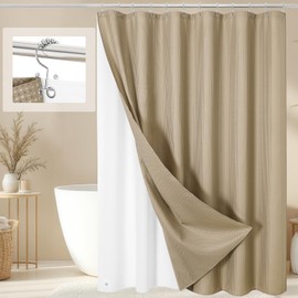 Craidlela 3 in 1 Shower Curtain Set, Beige Waffle Shower Curtain and PEVA Liner Set with 12 Stainless Steel Shower Curtain Hooks, Tan Waterproof Fabric Shower Curtains for Bathroom, 72 W x 72 H