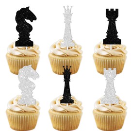18pcs Black White Glitter International Chess Silhouettes Dessert Cupcake Topper Baby Shower Board Game Theme Decor Supplies Boys Girls Happy Birthday Decorations
