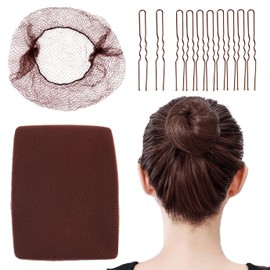 100Pcs Hair Net and Pin Set - 50Pcs 20" Invisible Mesh Hair Nets and 50Pcs U Shaped Bobby Pins for Dance, Food Service, Styling (Brown)
