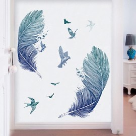 COVPAW® Wall Sticker XXL Blue Feather Wall Sticker Mural Pictures Living Room Bedroom Decoration