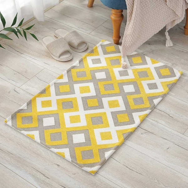 INSIMAN Entrance Mat, Carpet, Outdoor, Indoor, Door Mat, Mud Removal, Gobelin Weave, Non-Slip, Washable, Floor Heating, 19.7 x 31.5 inches (50 x 80 cm), Yellow Checked, Commercial Use, Home and Office