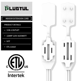 PLUGTUL Indoor White Extension Cord 9 Feet, 3-Outlet Household Extension Cord, 2 Prong, 16 Gauge, 3 Polarized Outlets with Safety Cap Protect for Home Office, 16/2 SPT-2 ETL Listed