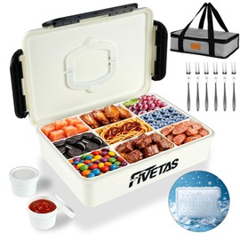 Snackle Box with Built-in Ice Pack,9 Compartment Divided Snack Container with Lid & Handle, Airtight Portable Lunch Tray with Sauce Cups, Metal Forks & Insulated Bag for School Travel Road Trip(BLACK)