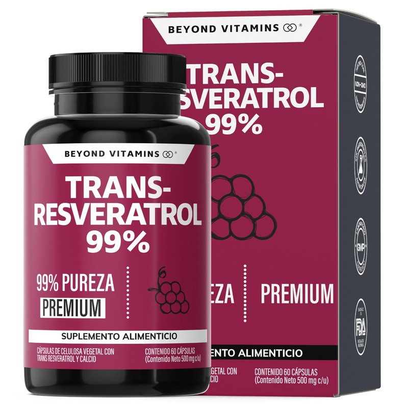 Trans-Resveratrol 99% | Alta Concentración de Resveratrol Blanco | Cápsulas