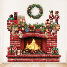 Christmas Fireplace 41.5 x 34 Inch Large Red Brick Bulletin Board Decoration Xmas Wreath Nutcracker Garland Thick Paper Cutouts for Christmas Holiday Home School Classroom Party Wall Decor