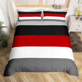 Red Black Stripes Single Comforter Cover Patchwork Geometric Striped Bedding Set White Grey Geometry Lines Duvet Cover Farmhouse Room Decor Soft Lightweight Bedspread Cover Zipper 2 Pcs