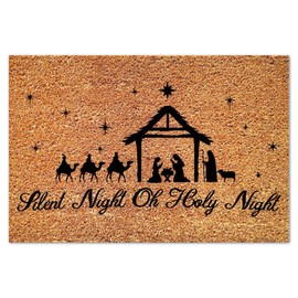 DecStic Silent Night Oh Holy Night Coir Door Mat Nativity Scene Doormats Christmas is Coming Rustic Weather Resistant Non Slip Mat for Garage Patio High Traffic Areas 16x24in
