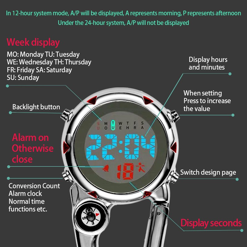 Multifunctional Luminous Clip On Carabiner Watch Mini Quartz Watch Compass