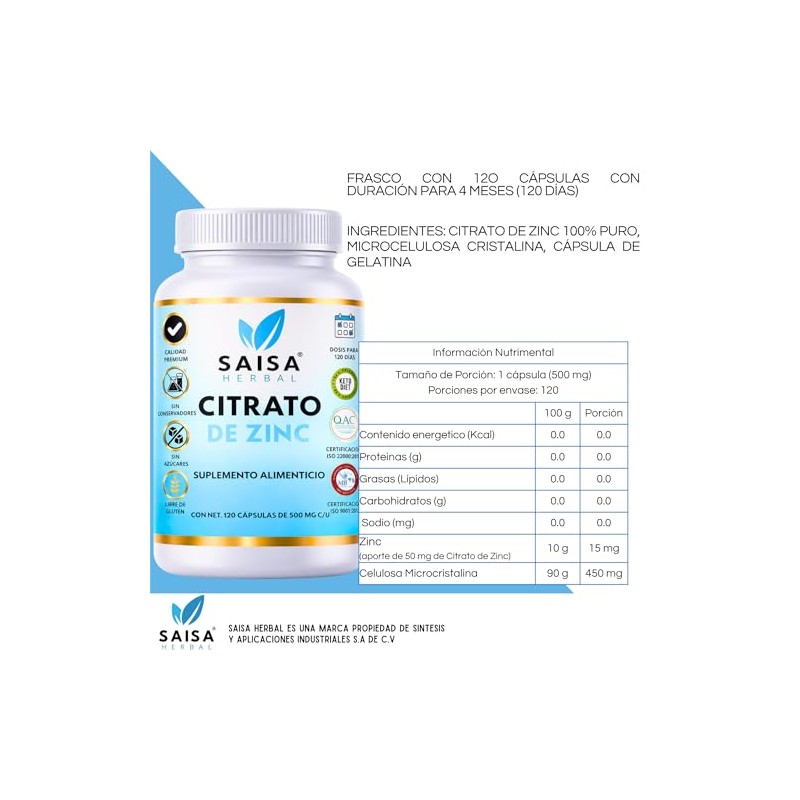 Citrato de Zinc | 15 mg de Zinc Elemental por