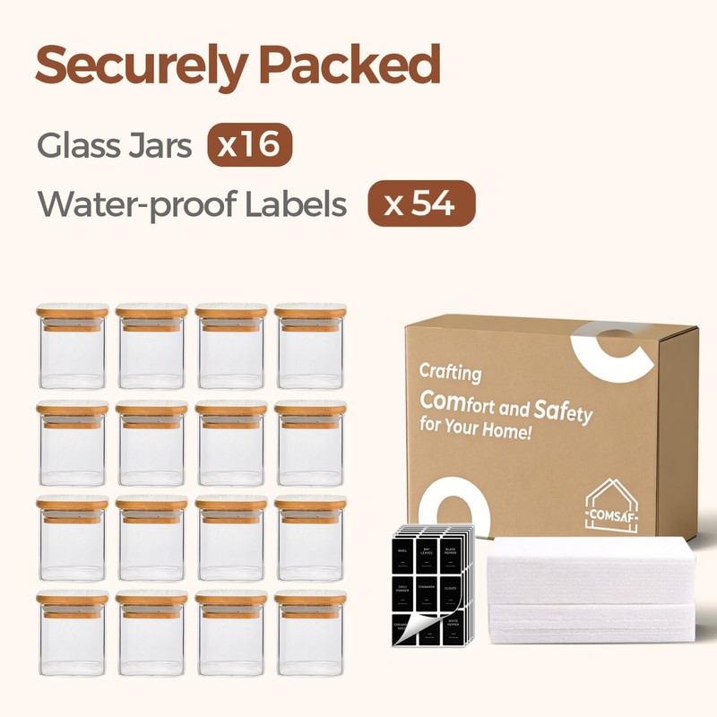 ComSaf 16Pcs Spice Jars with Labes, Glass Jar with Bamboo