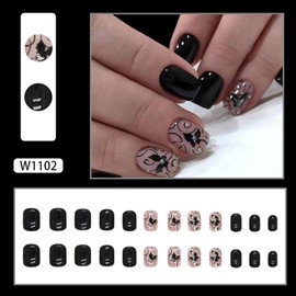 Short Press on Nails Square Fake Nails Full Cover Sweet Cool False Nails with Black Vine Butterfly Designs Stick on Nails Reusable Women Girls Acrylic Nails Artificial Nails DIY Manicure 24pcs