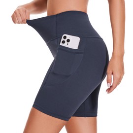 iniber - Pantalones Cortos de Ciclista para Mujer con Bolsillos, Cintura Alta de 8 Pulgadas, para Entrenamiento, Yoga, teñido Anudado, Suave, Elastano, atlético, para Bicicleta, Azul Oscuro, S
