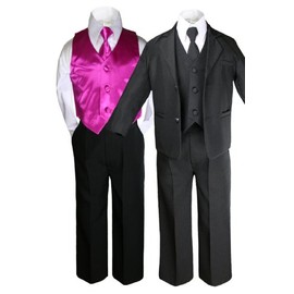 Unotux 7pc Boys Black Suit with Satin Fuchsia Vest Set from Baby to Teen (3T)