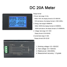 CZKE 20A 100A AC 80-260V DC 6.5-100V Digital LED Display Voltmeter Ammeter Wattmeter Power Energy Meter 12V 24V 110V 220V Volt Tester(DC 20A Meter)