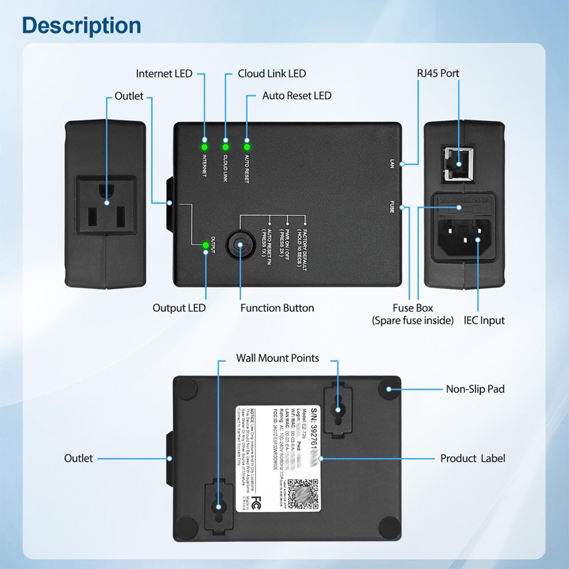 ezOutlet5 IP Enabled Remote Power, Ping Auto Reboot, Single Outlet,