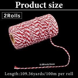 CABODYALS 2 Rolls 200M 2MM Red and White Cotton Twine String Christmas Twist Bakers Packing Cord Macrame Round Braid Thread Bulk for Crafts Birthday Wedding Party Decor Gift Wrapping Gardening DIY