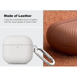 Haobobro Leather Case for AirPods 4 / AirPods 4 with Active Noise Cancellation Case Cover with Keychain - Selected Skin-Friendly Leather, Carbon Fibre Texture, Handmade Shockproof Hard Cover - White