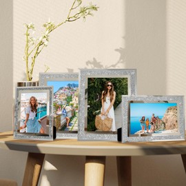 Maikolerfeng 4x6 Picture Frames Set of 2, Silver Sparkle Glass Photo Frame, for Tabletop Display, Birthday Wedding Christams Decoration