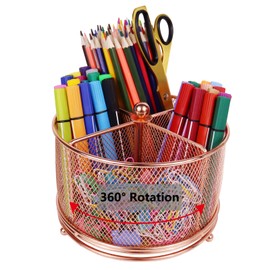 Flytreal - Soporte para bolígrafo de color oro rosa para computadora, organizador de rotuladores de malla giratorio, almacenamiento de papelería de gran capacidad, organización de suministros de