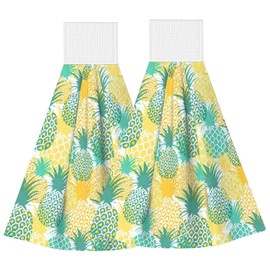 PDDCWAY Summer Pineapple Kitchen Hanging Towel Tropical Fruits Leaves Hand Tie Towels Set 2 Pack Fast Drying Tea Bar Dish Cloths Towel Soft Absorbent Durable for Bathroom Laundry Room Decor