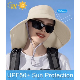 Sun Hats for Women UPF 50+ Uv Protection with Ponytail Hole，Beach Wide Brim Hats Fishing Hats，Gardening Hat for Neck Flap Beige