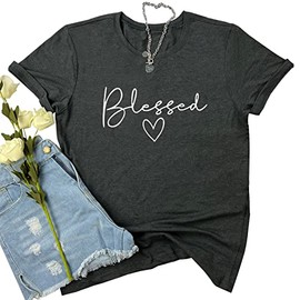 BLACKMYTH Women Cute Graphic Tees Cotton Bleesed Heart T-Shirts Dark Grey Large