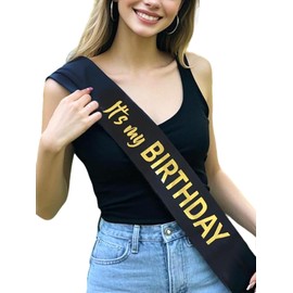 BLUPLE Birthday Sash Black "It's my BIRTHDAY" Satin Sash with Gold Glitter Lettering Party Favors, Supplies and Decorations (1)