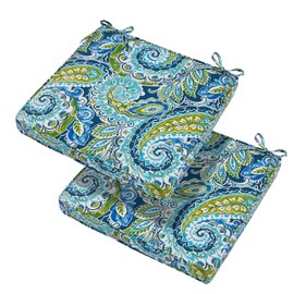 Magpie Fabrics Indoor Outdoor Waterproof Square Chair Cushion, 18" x 18" x 2.5", 2 Pack, Water Resistant Seat Cushions, for Patio Garden Office, Paisley Lapis Green