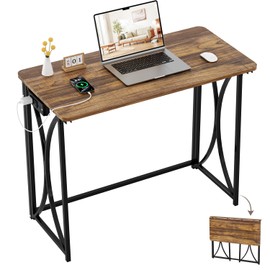 coeztt Small Desk, 31.5" Folding Table for Bedroom with Power Outlet, Space Saving Folding Computer Desk for Home Office, Easy Assembly, Brown