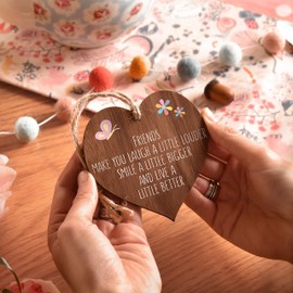 Friends make you laugh a little louder smile a little bigger | best friends wooden hanging heart | sentimental inspirational gift for cheer up women | friendship present uk | her girls woman