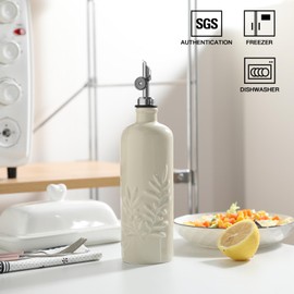 Sweejar 18 Oz Oil Dispenser for Kitchen with Gravity Spout, Ceramic Olive Oil Dispenser Bottle, Relief Opaque Vinegar Container for Evoo, Vinegar, Soy Sauce, Pack of 1(Beige, Silver Spout)