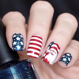 4th of July Nails - Fourth of July Nails Medium Square Press On Nails Fake Nails with Blue Stars Glitter American Eagle Design, Acrylic Artificial False Nails Press Ons Stick On Nails for Women