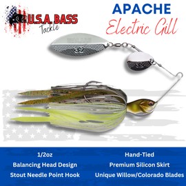 U.S.A BASS TACKLE Apache Attack Spinnerbait Largemouth Smallmouth Spotted Bass Premium Fishing Bait Handtied Skirt Custom Blades Heavy Duty Hook (Electric Gill, 1/2oz - Willow/Colorado)