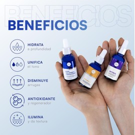 MIST JEWEL Kit de Skincare con 3 Serums Faciales: Vitamina C, Retinol y Ácido Hialurónico + Vitamina E Rutina de sueros faciales Antiedad, Hidratante, Iluminadora Día y noche (KIT facial complete)