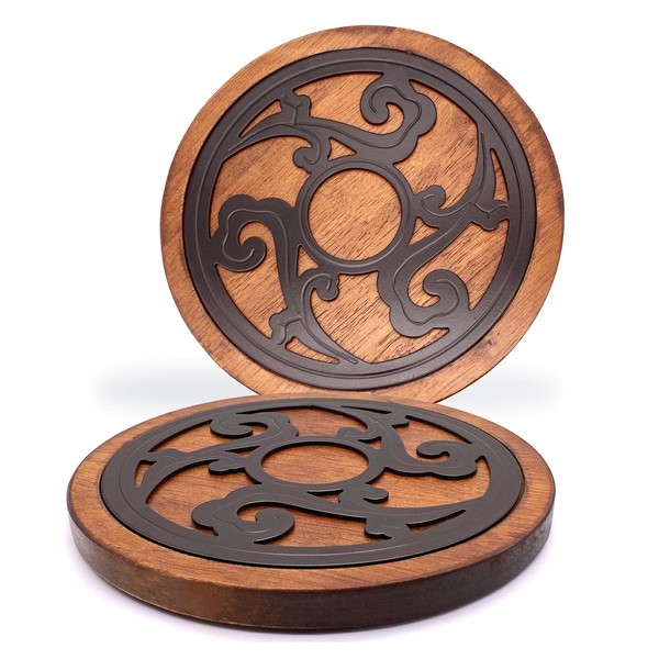 Cast Iron with Wood Trivets Set of 2, Wooden Trivets