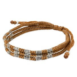NOVICA Artisan Handmade Silver Accent Wristband Bracelet 950 Braided from Thailand Fine No Stone Beige Beaded Hill Tribe [7 in min L x 9.75 in max L 10 mm W] ' Forest Thicket in Tan'