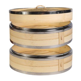 Hcooker 2-Tier Kitchen Bamboo Steamer with Stainless Steel Rings for Asian Cooking | Sauce Dish & 2-Chopsticks | Buns Dumplings Vegetables Fish Rice
