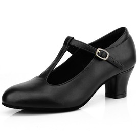 Women's T-Strap Character Shoes Latin Ballroom Dance Heels Black Wedding Pumps, Black 6.5 M US