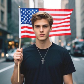 WINFY American Flag Cross Necklace for Boys Men Inspirational Christian Bible Verse Cross Pendant Stainless Steel Chain 20+2 inch Patriotic Jewelry Religious Gift for Men（Silver-19：26）