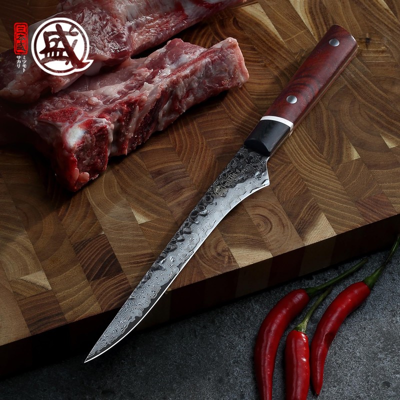 MITSUMOTO SAKARI Japanese Boning Knife, Hand-Forged Damascus Kitchen Knives