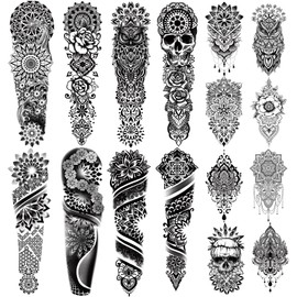 Mandala Full Arm Temporary Tattoo, 48 Sheets Waterproof Tribal Fake Tattoo for Men and Women, Flower Rhombus Geometric Pattern Extra Large Tattoo Stickers for Body Makeup