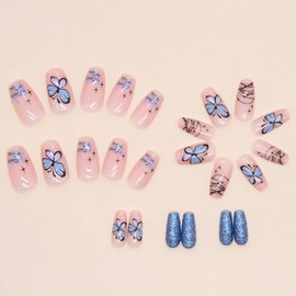 Spring Press on Nails Short Coffin Fake Nails with Butterfly Designs Blue Glitter Nails Press ons Glossy Glue on Nails Nude Acrylic Nails Cute False Nails Summer Stick on Nails for Women 24Pcs