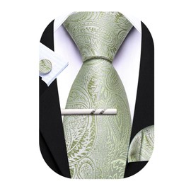 Barry.Wang Men's Silk Paisley Ties with Handkerchief Cufflink Tie Set Festive Wedding 3 Pieces, light green