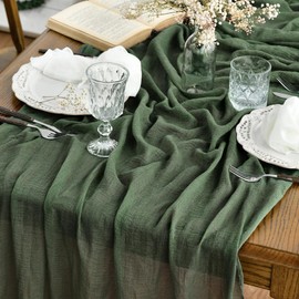 Artoid Mode Boho Cheesecloth Gauze Forest Green Wedding Table Runner, Seasonal Fabric Kitchen Dining Holiday Table Decor for Home Party Indoor 35x120 Inch
