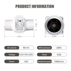 2.5 inch/60mm Inline Booster Duct Fan 14W with Variable Speed Controller Ventilation Cooling Exhaust Fan Low Noise Energy Efficient Blower Can Fan for 3D Printer Bathroom Kitchen(NO Adjustable Speed)