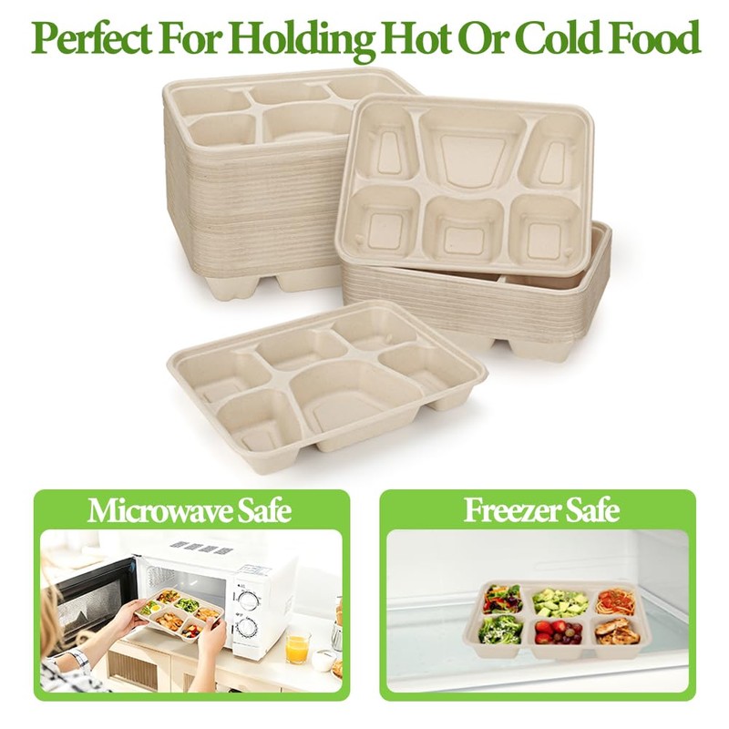 50 Pack 6 Compartment Disposable Paper Plates, Compostable Bagasse School